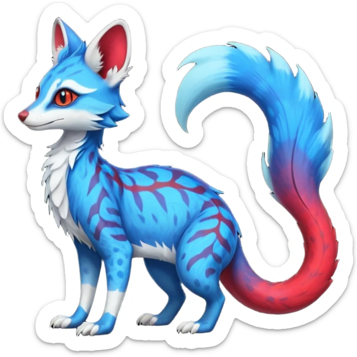 Feral Rare Fantasy vibrant cyan-cobalt-blue-crimson-red-gradients-colored colorful Vernid-Sergal-Genet-Trico-species by LiLaiRa, random markings, tufted tail, tufted ears, full body sticker
