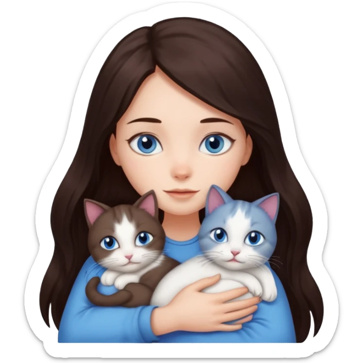 a girl with long dark 
brown hair, with blue eyes, hugs 3 different natural coloured cats sticker