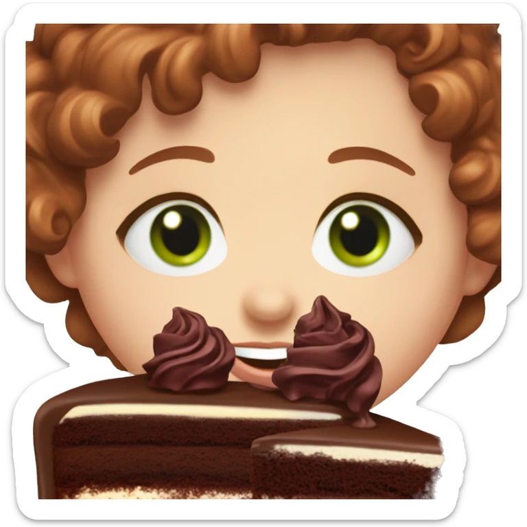 a white girl with burgundy wavy hair and black eyeliner and green eyeseating a huge piece of chocolate cake  sticker