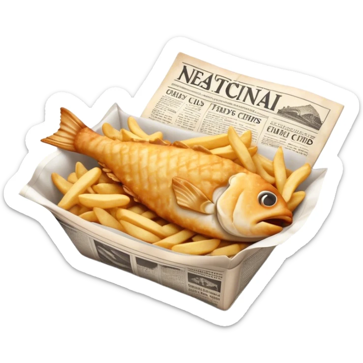 Cinematic Realistic Fish and Chips Dish Emoji, depicted with crispy golden battered fish and chunky hand‚Äêcut chips served in traditional newspaper wrapping, rendered with mouth‚Äêwatering texture and warm natural lighting that captures its quintessential British charm. sticker
