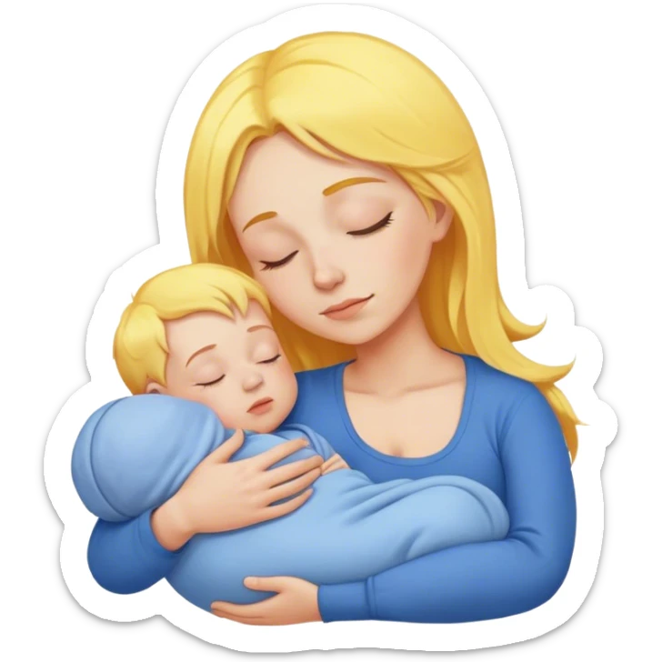 Mother is holding a baby, the mother has yellow hair and pink clothes, the baby is sleeping in blue clothes sticker