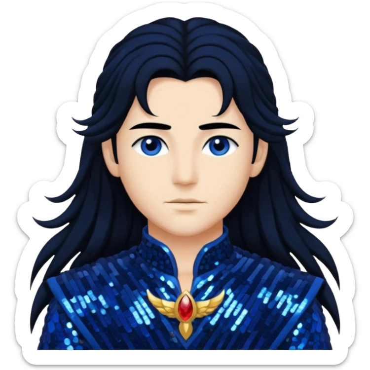 Zephyr, God of West Wind from Gods and Goddesses with long jet black hair, dark blue sequin outfit sticker