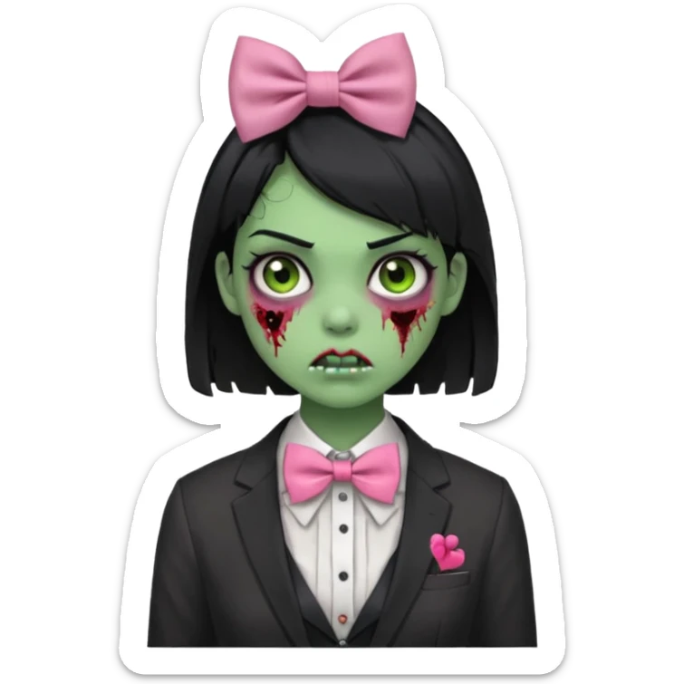 zombie green skin girl, black hair with pink bow tie sticker