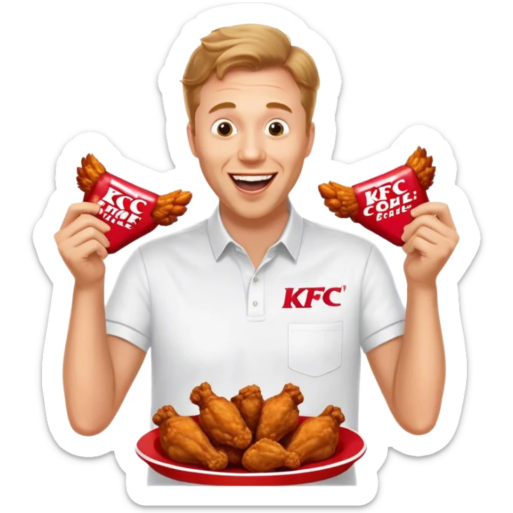 "Create an emoji of a white man holding KFC chicken wings with a happy and excited expression. Make sure to add the text 'KFC ABSOLUTE CINEMA ✋😮🤚' in large, bold letters, covering the entire screen and standing out clearly. This text must be included. Use a vibrant and expressive style." sticker
