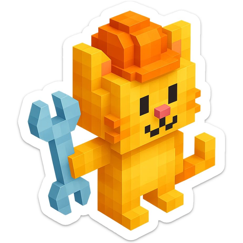 worker cat with orange construction hat holding a wrench in voxel style sticker