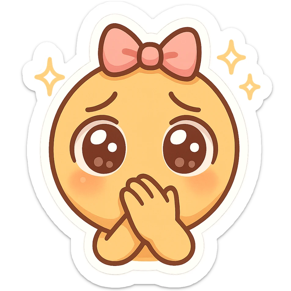 unified emoji combining pleading face, hand over mouth, pink bow, and sparkles with chibi aesthetic emphasizing cuteness and expressive features sticker