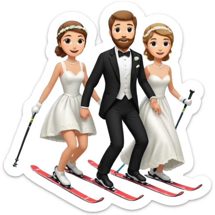 a couple skiing, man with a beard in a tux and woman in a wedding dress on their skiis going down a slope sticker