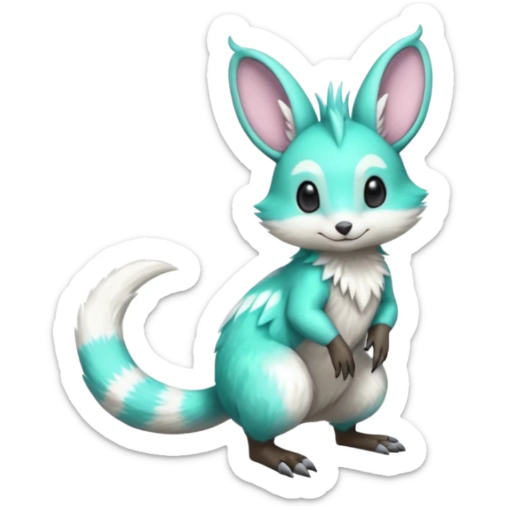 Iridescent Neon Green-Cyan Minccino-Emolga-Numbat-Sergal-fusion-hybrid-animal-creature, full body sticker