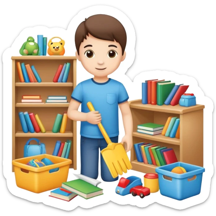 child tidying up their room, putting toys and books away, cheerful and organized sticker