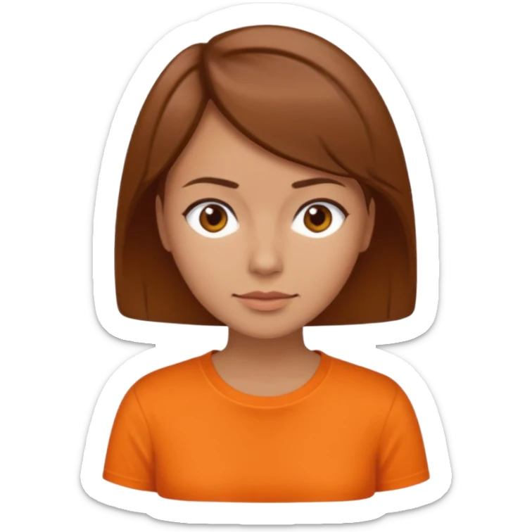 brown haired woman no smile with orange shirt short hair sticker