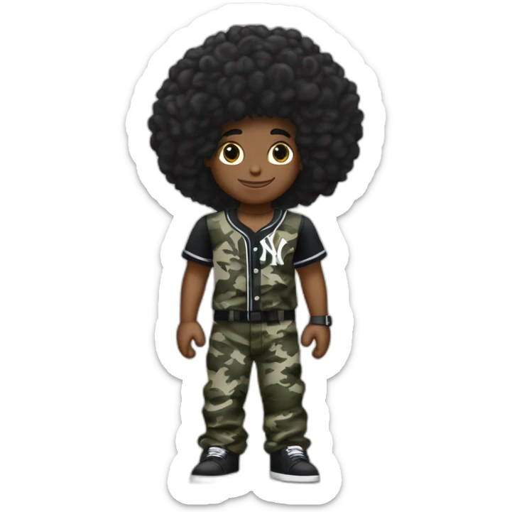 Crea un muchacho rockero, con pantalón camuflageado y una playera negra de NY yankees, con cabello tipo afro , brazos tatuados y un letrero que diga tichobboy sticker