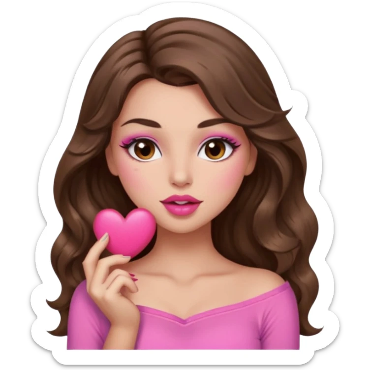 girl with long wavy brown hair, brown eyes, long lashes makeup, sexy pink lips, light to medium complexion, wearing a pink sexy top, sexy , puckering, blushing, kissing a heart sexy sticker