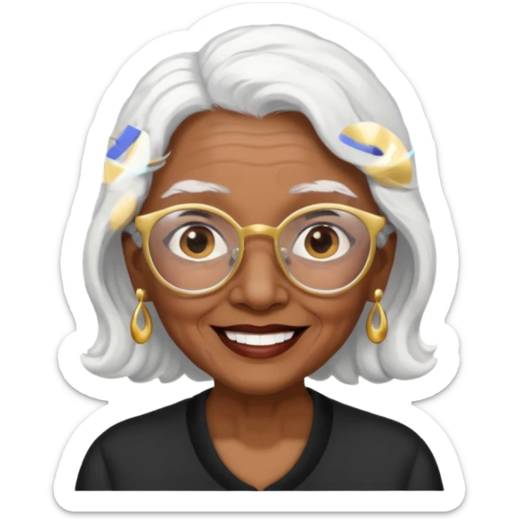 old lady with soft waves white hair, dark brown skin, and large brown eyes, wearing black-rimmed glasses and gold earrings, with a friendly smile sticker