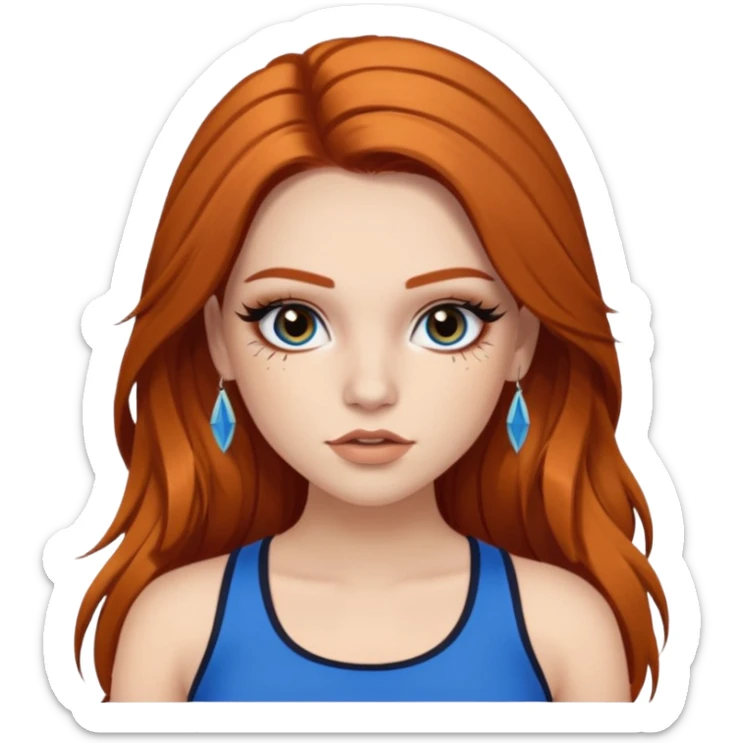 Pale girl with long black/brown hair with ginger streaks,wearing fake lashes,latina baddie makeup and a blue crop top sticker