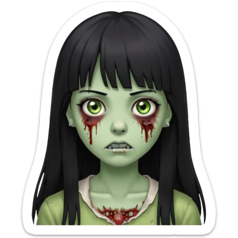 Zumbi girl pretty and Long, straight black hair with bangs, With a nose piercing sticker