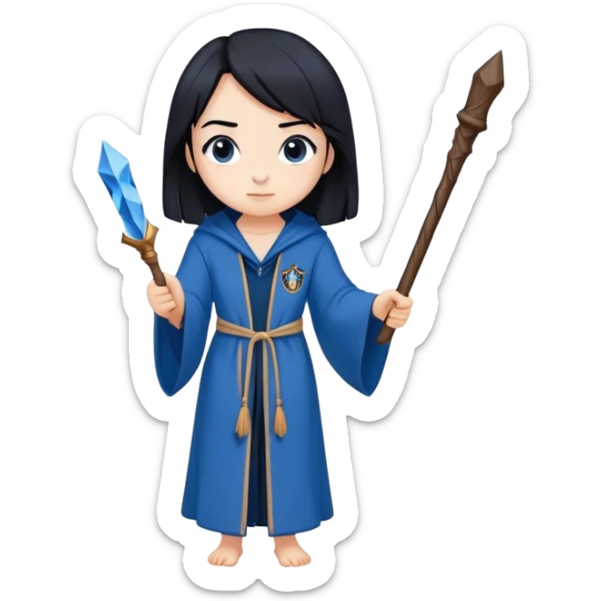 Girl with straight black hair and a ravenclaw Robe and a wooden wand sticker