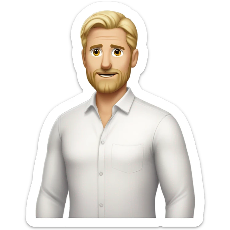 middle aged english man, short slicked back hair blonde, blonde medium length size full beard, eyesbrows not raised, in a smart white unbuttoned shirt. sticker