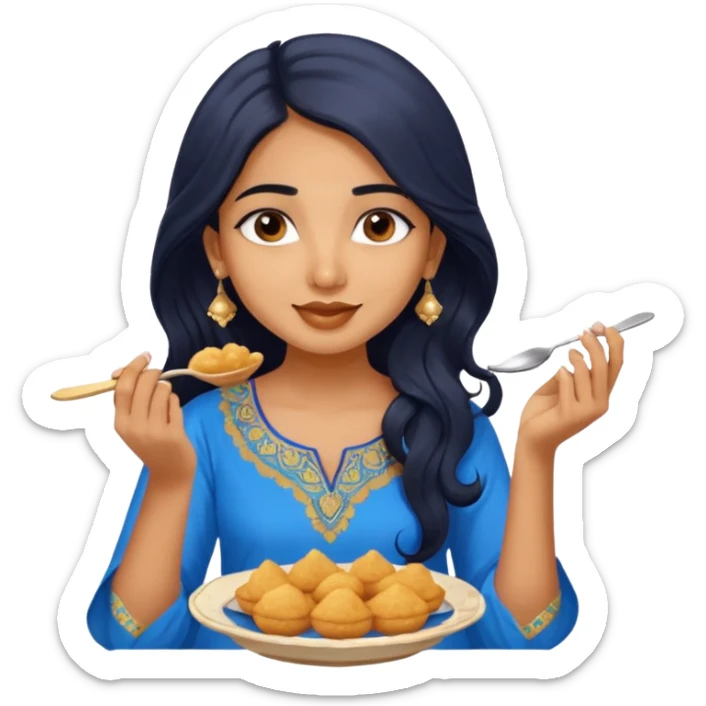 a pretty tan indian bratz girl. eyeliner on, wearing a blue kurti, eating golgappa. NO SPOON. wavy long BLACK coloured hair sticker