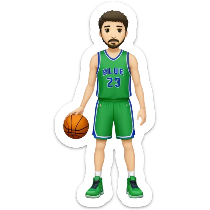 Full Body  white male basketball player with short dark shaggy hair and goatee wearing blue and green uniform sticker
