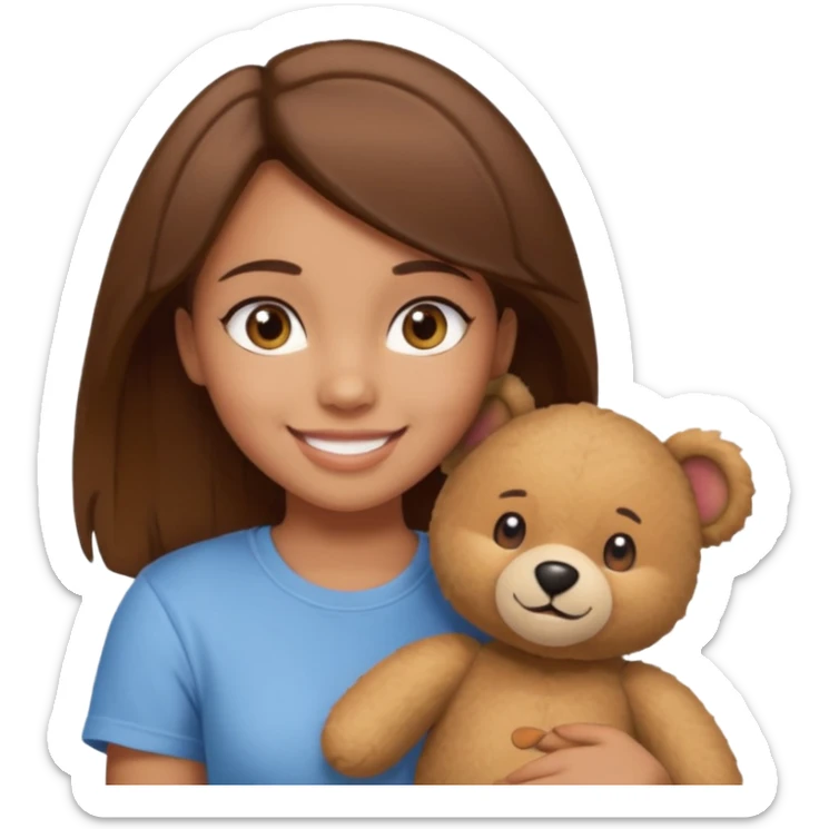 A Girl with Brown hair and Brown eyes with a t-shirt of a Teddy bear sticker