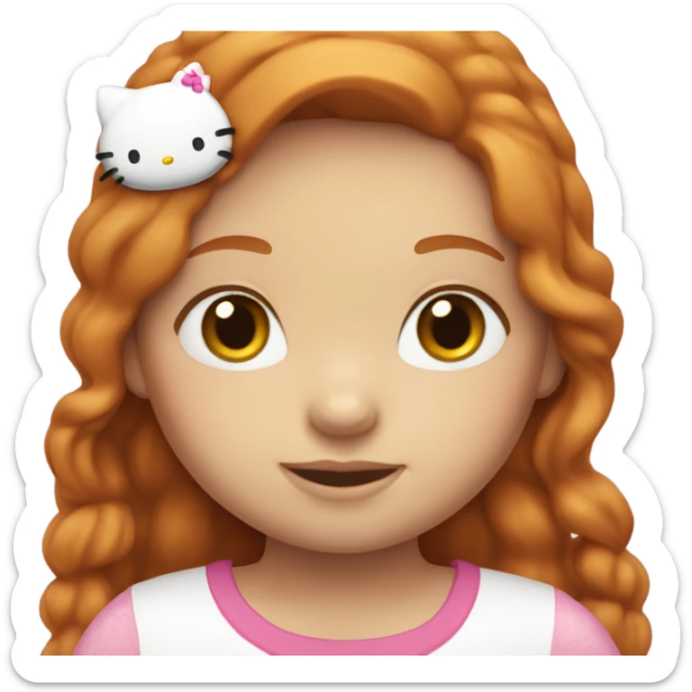 Ginger girl with long hair and brown eyes, a hello kitty shirt sticker