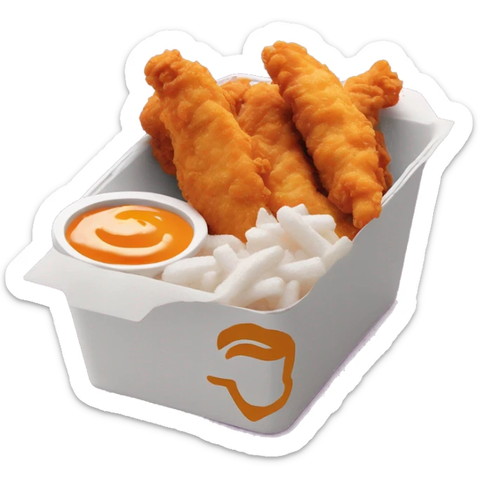 3 chicken tenders with crinkle fries and orange sauce on the side in a styrofoam container styrofoam container sticker