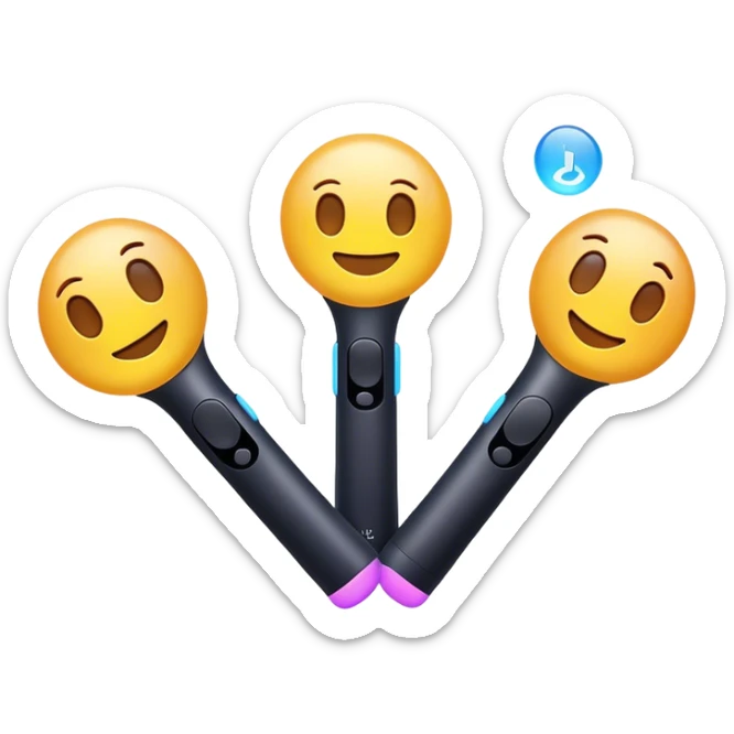 Clash of Clans aesthetic: Cinematic Playful PlayStation Move Controllers Portrait Emoji, rendered in a 3D vector-style similar to standard emojis with minimal shading and bold, simplified shapes. A compact, distinct form with signature details, softly glowing with a cutting-edge console technology charm. Simplified yet unmistakably iconic, highly detailed and consistent, glowing with a soft radiance and high shine. Stylized with a touch of technological advancement and a soft glowing outline, capturing the essence of a beloved gaming relic with a friendly, playful manner! sticker