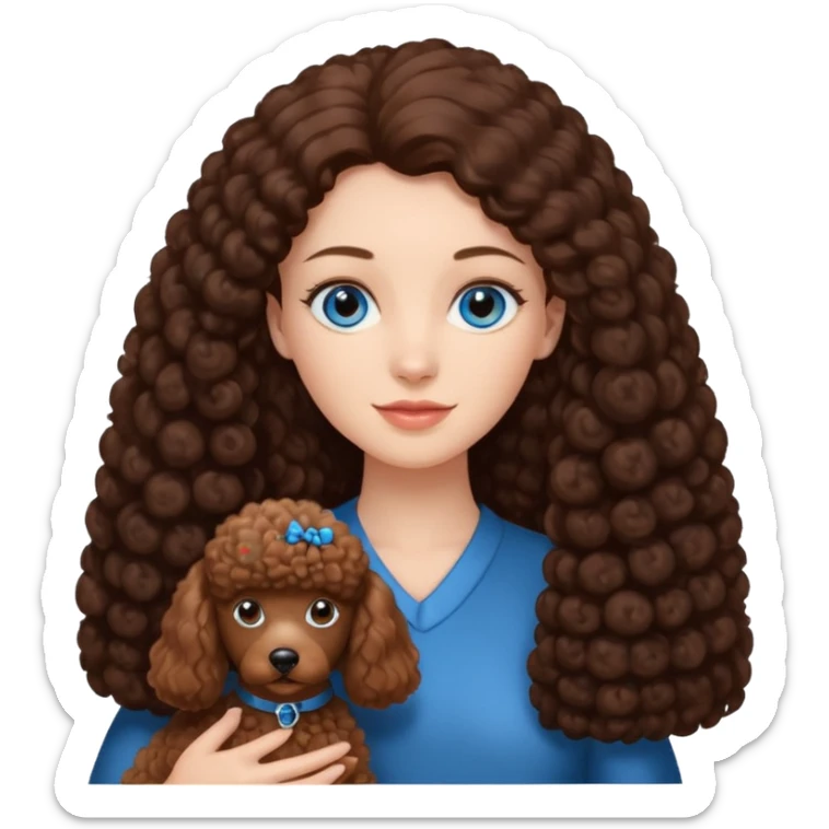 Kobieta w białej koszuli, z długimi brązowymi włosami i niebieskimi oczami trzyma na rękach jednokolorowego, brązowego pudla. sticker