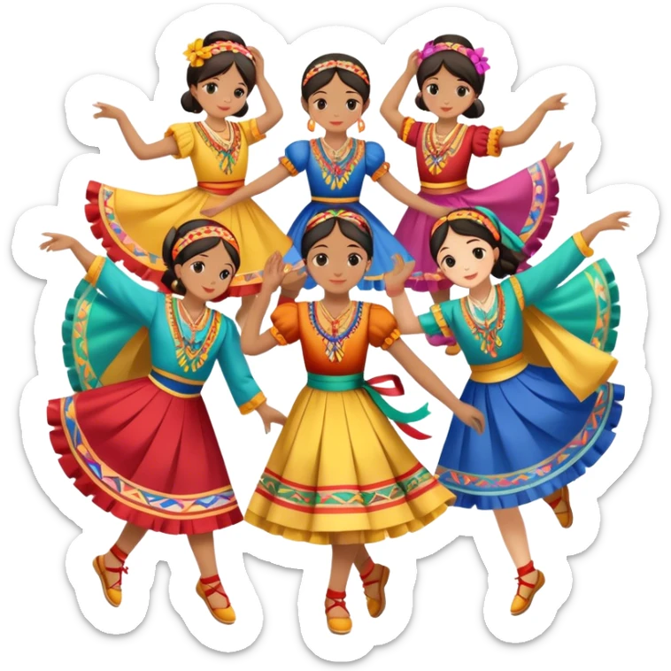 Icon for Folk Dance: close-up traditional dance dress, shoes, colorful folk costumes and a dance circle with ribbons. The icon should represent the vibrant and cultural aspects of folk dancing. Transparent background. sticker