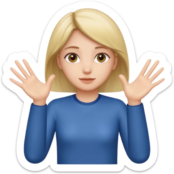 Girl with two hands in front out palms facing upwards and hands in front of her LOWER and her left hand slightly lower than her right hand sticker