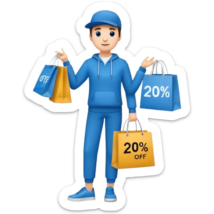 Person who is waiting the sale promotion with 20% off sign, wearing blue outfit and hanging some shopping bags sticker