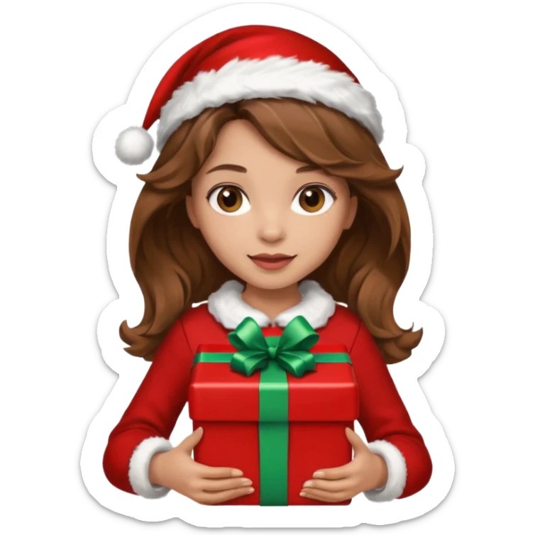 a girl with wavy brown hair wearing a christmas clothes and holding a gift sticker