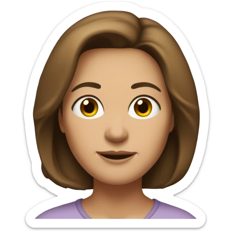 54-year-old woman with shoulder-length brown hair, black eyes, strong build and small eyes sticker