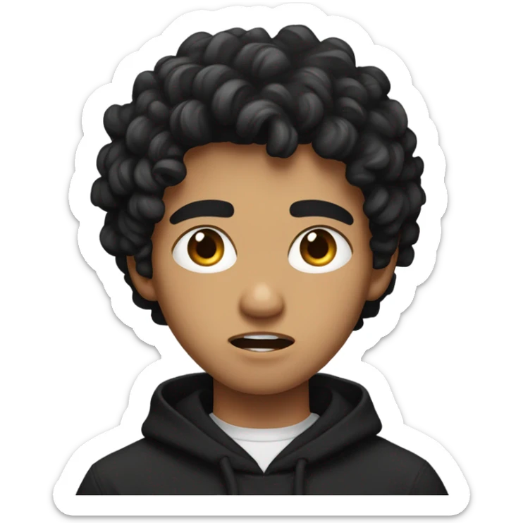 a young male with medium skin and curly black hair, wearing a black hoodie, angry expression sticker