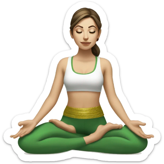 White girl brunette hair in Malasana yoga, green and gold outfit sticker