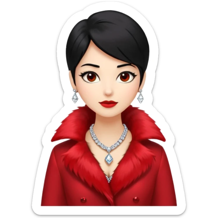 * Character: A stylish lady,black hair
* ﻿﻿Clothing: A luxurious red fur coat
* ﻿﻿Accessories: A dazzling diamond necklace
* ﻿﻿Expression: Confident, elegant, maybe slightly glamorous
* ﻿﻿Pose: Head slightly tilted or a poised posture
* ﻿﻿Style: Emoji-like, simple but expressive sticker