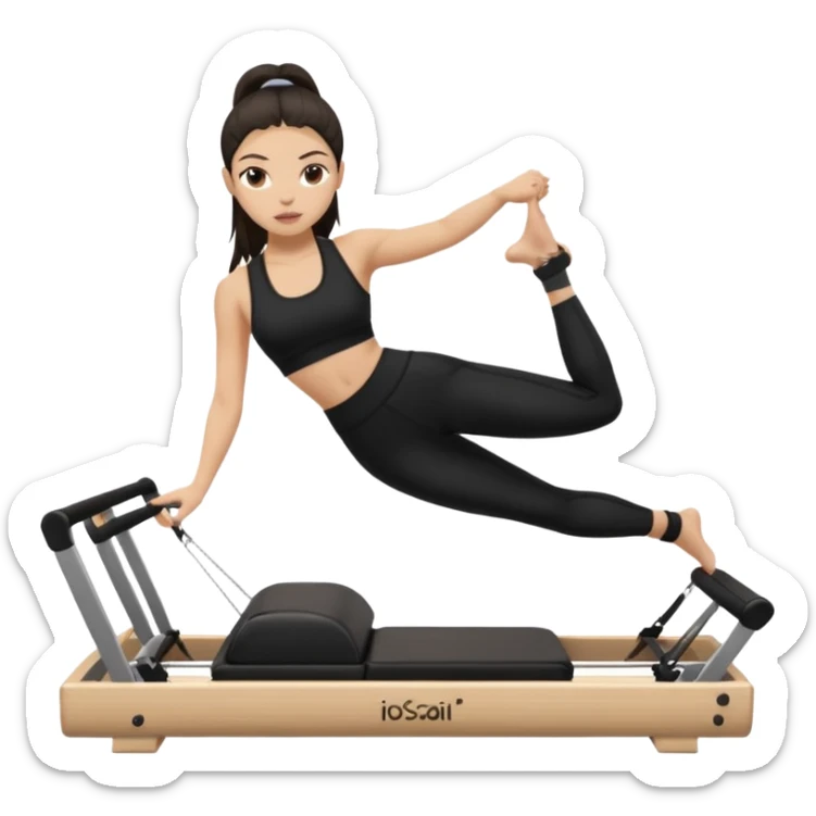 a girl doing reformer pilates, she is wearing a black fit and she has dark straight and loose hair sticker