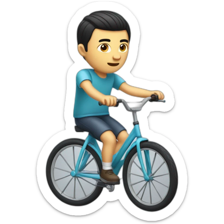 white skin men with short black hair riding a funny and miniature toy bicicle sticker