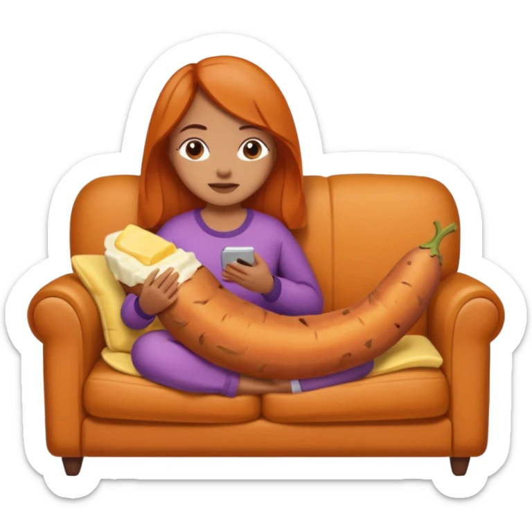 Female personified sweet potato with butter sitting on a couch very cozy watching tv  sticker