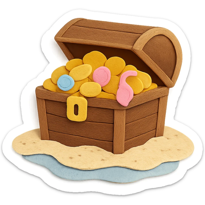 illustration of a treasure chest overflowing with gold coins and jewels on a sandy beach, paper-craft style sticker