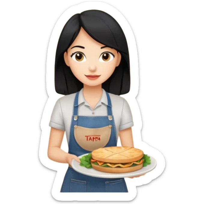waitress with black hair and a food plate with a black tshirt and ª jeans apron. with a bigger plate and the plate with a tapa sticker