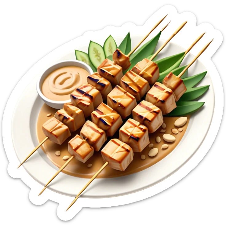 Cinematic Realistic Indonesian Chicken Satay Dish Emoji, depicted as succulent, marinated chicken skewers grilled to perfection with a subtle char, drizzled generously with a rich, creamy peanut sauce that glistens under warm, natural lighting. The vibrant textures of the tender meat and smooth, spicy sauce evoke the authentic flavors of Indonesian street food, rendered with lifelike detail and dynamic, appetizing lighting. sticker