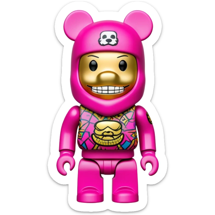 bearbrick toy figure wearing a bright pink balaclava with big pouty lips and gold grillz teeth visible, decorated with luxury brand logos and graffiti style patterns on its body sticker