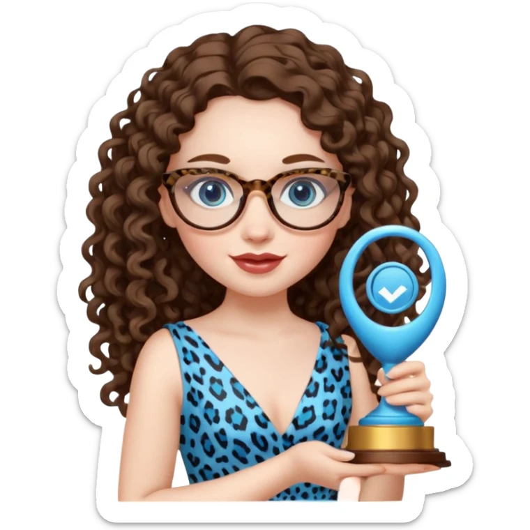 A girl with white pale skin, full lips, brunette LONG curly hair. She is wearing a white  silk dress. She is holding an award and happy. She has a leopard print round-ish shaped glasses. She has blue eyes. sticker