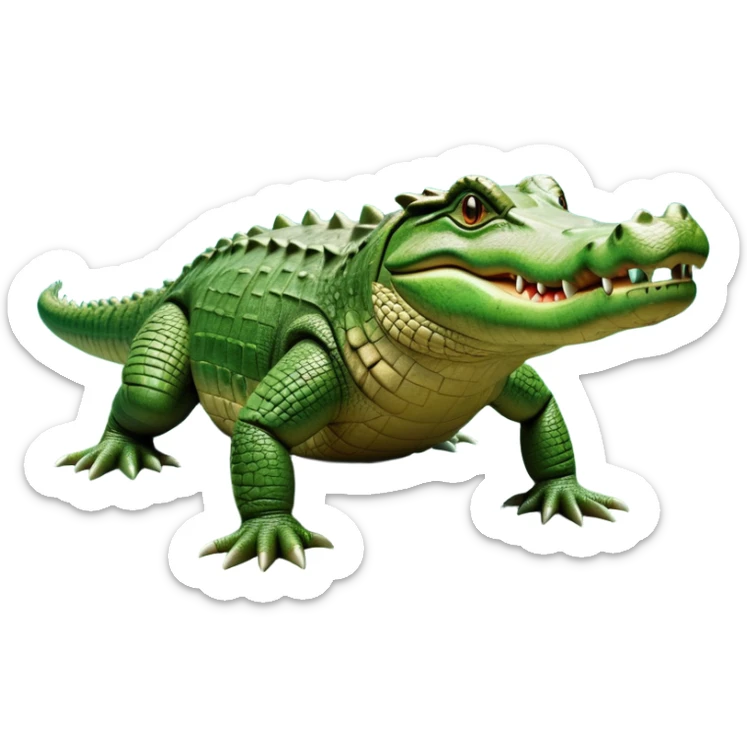 cinematic-crocodile-realistic-full-body-on all fours-emoji,-massive-scaled-body-partially-submerged-in-shallow-water,-head-tilted-dramatically,-rough-green-and-brown-hide-textured-with-deep-ridges,-simplified-yet-realistic-focused-features, head held high sticker