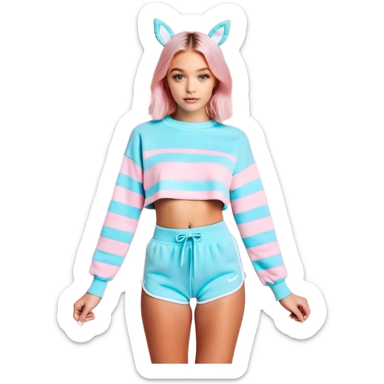 En anime-ku-jente med to rosa lange tykke fletter og cyan striper i håret, ku-horn og ku-ører, sort BH-topp over en gul cropped-fleece-blouse, lilla øyne, søt sløyfe på halsen  sticker