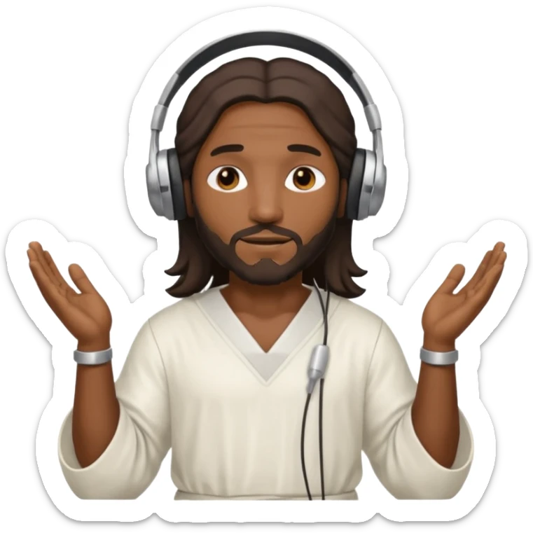African American Jesus Christ wearing a white tunic holding a pair of headphones sticker
