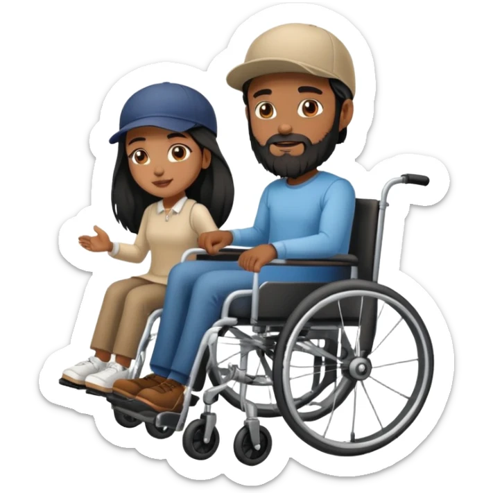 Beige skin man with a beard and cap in a wheelchair and a dark brown skin woman with long black hair in a wheelchair  sticker
