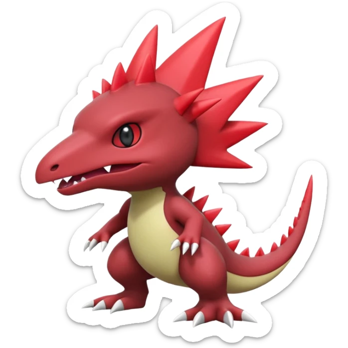 A 3D CGI model of a red-colored edgy kawaii Axew-Tyrantraum-Larvitar-Fakémon-Pokémon-Digimon-creature (full body) sticker