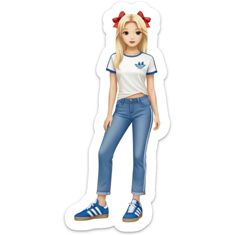 Beautiful Blonde woman standing up posing with one leg slightly crossed over the other leg, wearing denim straight jeans, a pair of adidas og samba shoes and a cute top with small bows on it sticker